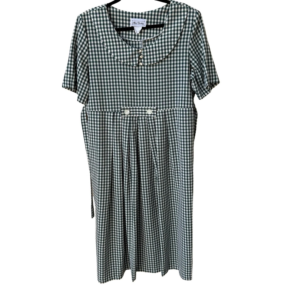 Miss Dorby Vintage Green Gingham Midi Dress Peter Pan Collar Short Sleeve Sze 16